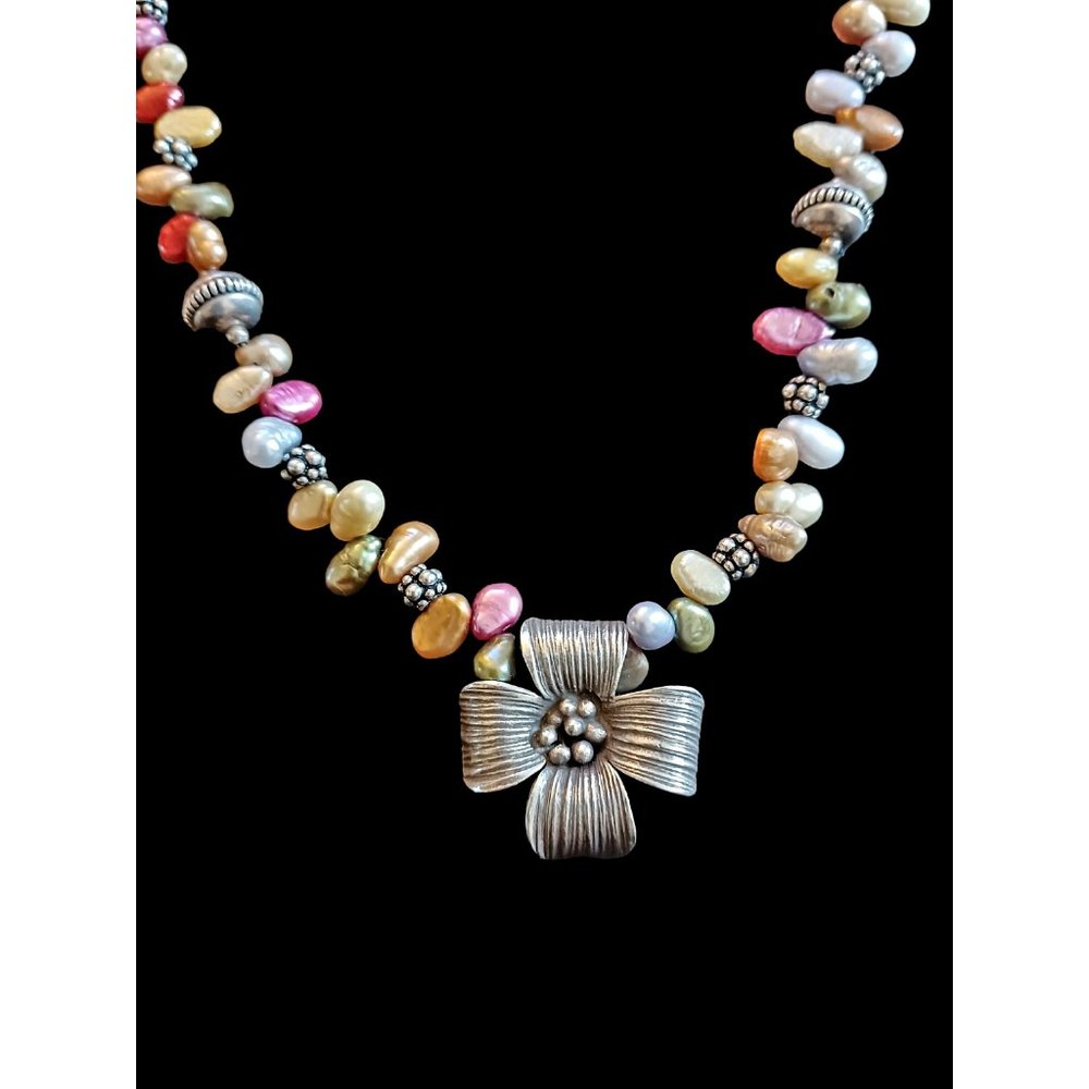 925 Sterling Silver Multi Color Real Pearl Flower Statement Necklace 17" Long